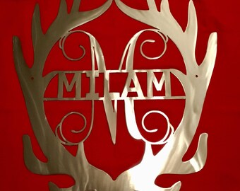 Deer Antler and Name Split Monogram Metal Wall Decor, Personalized Wall Decor, Antler Decor