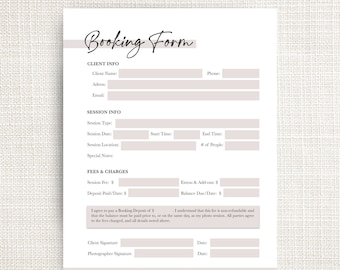 May include: A printable booking form for photographers with sections for client information, session details, fees and charges, and signatures. The form has a light pink background and black text.