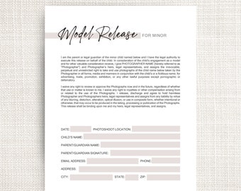 Minor Model Release Template, Model, Photography marketing, Photographer templates, Photography template, Photoshop, Editable