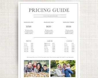 Pricing Guide Template, Photography marketing, Photographer templates, Pricing Template, Photoshop, Editable marketing board, photographer