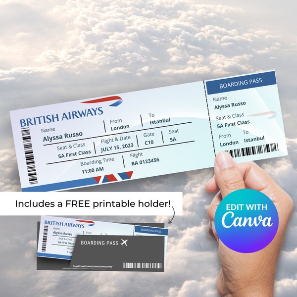 Boarding Pass, Plane Ticket, Airplane Ticket, Surprise Trip, Airplane Boarding Pass, Printable Boarding Pass, British Airways, Printable