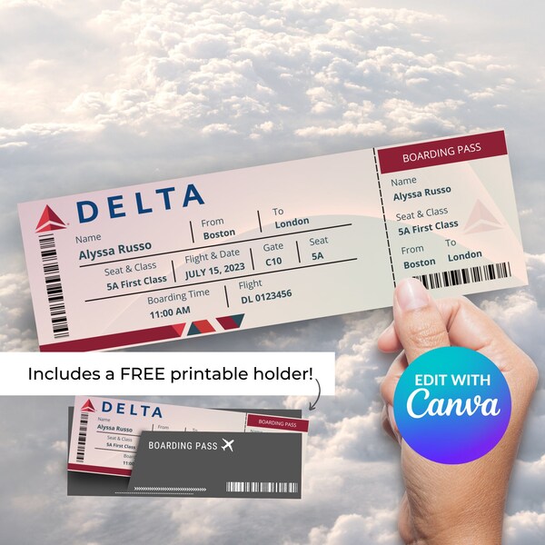 Boarding Pass, Plane Ticket, Airplane Ticket, Surprise Trip, Airplane Boarding Pass, Printable Boarding Pass, Delta Airlines, Printable