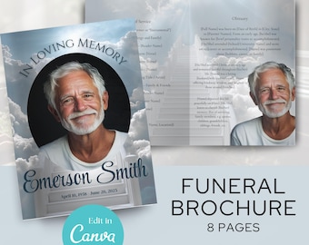 May include: Funeral brochure with a portrait of a smiling older man, Emerson Smith, against a cloudy sky background. The brochure includes the text "In Loving Memory" and "Funeral Brochure" with 8 pages, and is easy to edit.