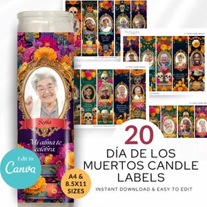 Peut inclure: Étiquettes de bougies Día de los Muertos avec un portrait dans un cadre doré, entouré de fleurs colorées. L'étiquette comprend le texte "Sofia" et "Mi alma te celebra". Sont également incluses 20 étiquettes de bougies avec des portraits et le texte "Día de los Muertos Candle Labels."