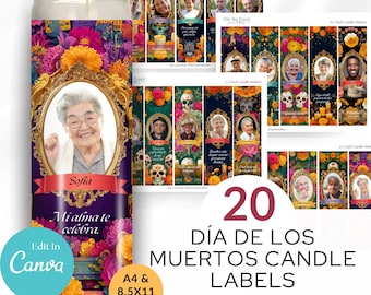 May include: A Día de los Muertos candle label featuring a portrait in a gold frame, surrounded by colorful flowers. The label includes the text "Sofia" and "Mi alma te celebra." Also included are 20 candle labels with portraits and the text "Día de los Muertos Candle Labels."