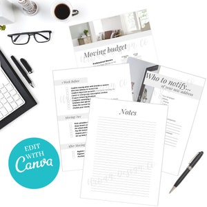 May include: A printable moving checklist with sections for the week before, moving day, and after moving. The checklist includes tasks such as confirming moving plans, preparing furniture, and registering for utilities. There is also a section for notes and a section titled "Who to notify... of your new address" with a list of people and organizations to contact.