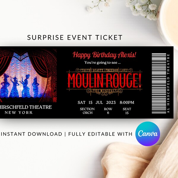 Surprise Musical Ticket, Printable Broadway Surprise Ticket, Musical Surprise Ticket, Moulin Rouge Ticket, Musical Ticket, Faux Ticket,