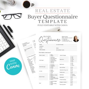 Buyer&#39;s Questionnaire, Real estate home buyer, Real Estate Buyer&#39;s Guide, Real estate marketing, Realtor marketing tools, Canva editable