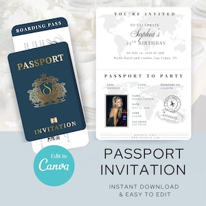 Op de afbeelding: Marineblau paspoortuitnodiging met gouden accenten, een boarding pass en een turquoise Canva-knop. De uitnodiging luidt "Passport Invitation" en bevat details voor een verjaardagsfeest.