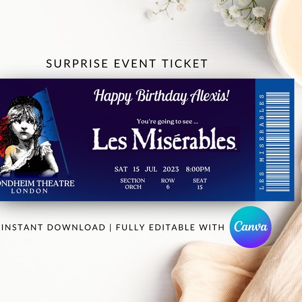 Surprise Musical Ticket, Printable Broadway Surprise Ticket, Musical Surprise Ticket, Les Miz Ticket, Musical Ticket, Faux Ticket,