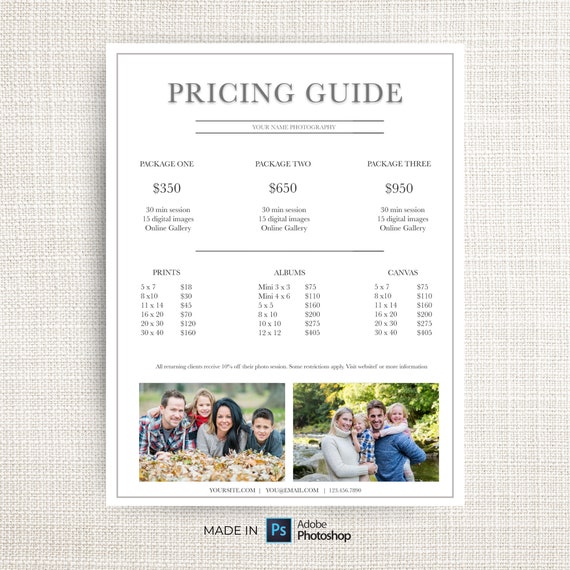 Pricing Guide Template Photography Marketing Photographer Etsy