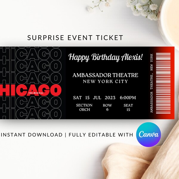 Surprise Musical Ticket, Printable Broadway Surprise Ticket, Musical Surprise Ticket, Chicago Broadway Ticket, Musical Ticket, Faux Ticket