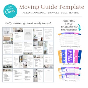 May include: A printable moving guide template with 20 pages, including a contents page, a moving checklist, a moving budget section, and a notes section. The guide also includes printable room labels and box inventory sheets for kitchen, living room, dining room, and bedroom.