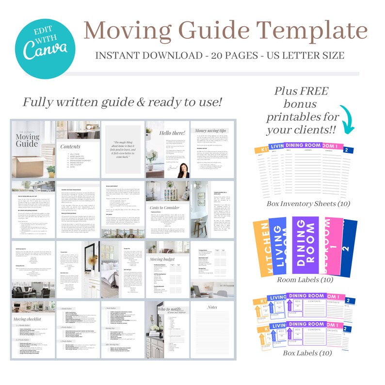 May include: A printable moving guide template with 20 pages, including a contents page, a moving checklist, a moving budget section, and a notes section. The guide also includes printable room labels and box inventory sheets for kitchen, living room, dining room, and bedroom.