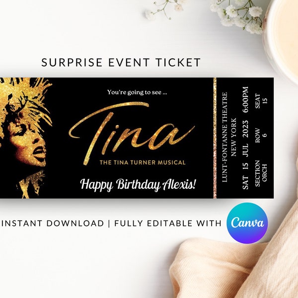 Überraschungs-Musical-Eintrittskarte, druckbare Broadway-Überraschungskarte, Tina Turner-Karte, Musical-Karte, Faux-Karte