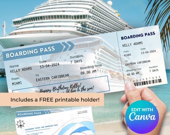 Op de afbeelding: Een printbare instapkaart met een blauw-wit ontwerp. De kaart is voor Kelly Adams, vertrekkend vanuit Miami op 13 april 2024, naar de oostelijke Caraïben. De kaart omvat een duur van 7 dagen en een instaptijd van 08:00 uur. De tekst "Happy Birthday Kelly!" is op de kaart opgenomen. De afbeelding bevat ook een gratis printbare houder.