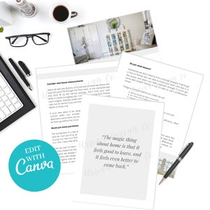 May include: Two pages of a guide for moving. The first page has the title "Consider new house measurements" and the second page has the title "Do you need movers?" and a quote that says "The magic thing about home is that it feels good to leave, and it feels even better to come back."
