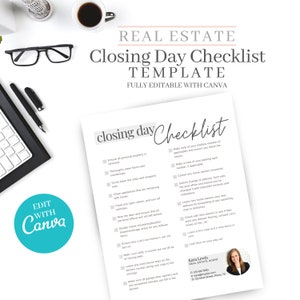 Closing Day checklist, Real estate home buyer, Real Estate Checklist, Real estate marketing, Realtor marketing tools, Canva editable