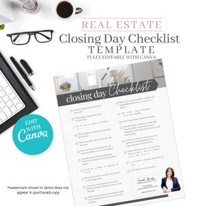 Closing Day checklist, Real estate home buyer, Real Estate Checklist, Real estate marketing, Realtor marketing tools, Canva editable