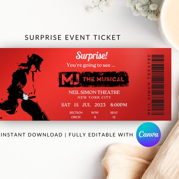 Surprise Musical Ticket, Printable Broadway Surprise Ticket, Musical Surprise Ticket, MJ Ticket, Musical Ticket, Faux Ticket