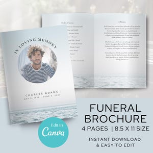 May include: A funeral brochure with a photo of a person in a striped shirt, set against a serene ocean backdrop. The brochure includes the text "In Loving Memory" and the name "Charles Adams" with dates. The brochure is 8.5 x 11 inches and has 4 pages.