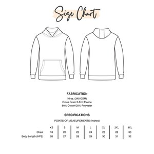 K&ouml;nnte beinhalten: Gr&ouml;&szlig;entabelle f&uuml;r einen Hoodie mit Ma&szlig;en in Zoll f&uuml;r Brustumfang und K&ouml;rperl&auml;nge. Der Hoodie besteht aus 80% Baumwolle und 20% Polyester.