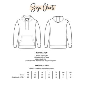 May include: Size chart for a grey heather hoodie with a 3-end fleece fabric. The chart shows measurements in inches for chest and body length (HPS) in sizes XS, S, M, L, XL, 2XL, and 3XL.