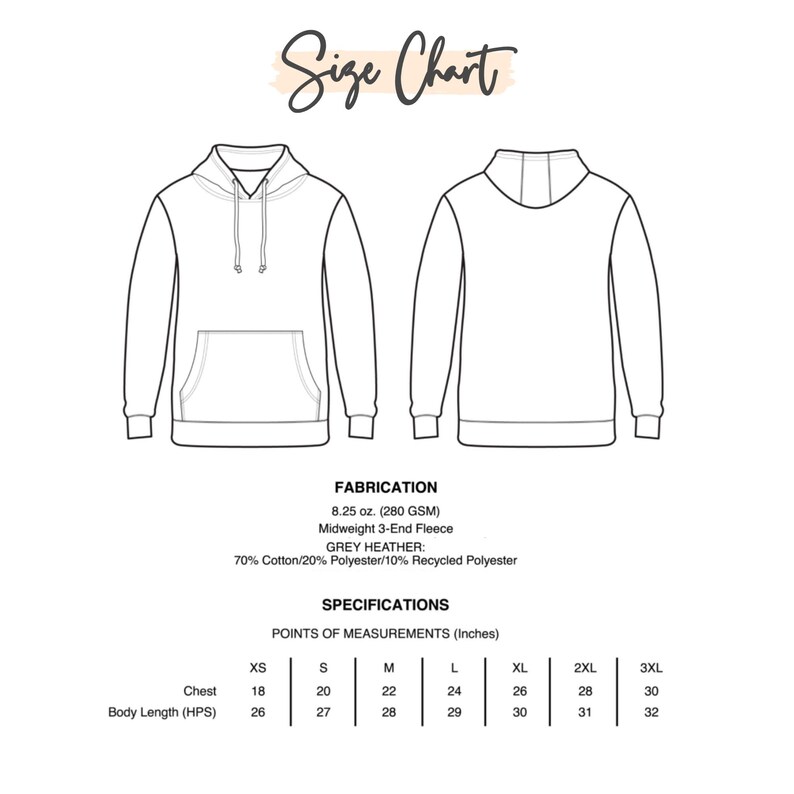 May include: Size chart for a grey heather hoodie with a 3-end fleece fabric. The chart shows measurements in inches for chest and body length (HPS) in sizes XS, S, M, L, XL, 2XL, and 3XL.