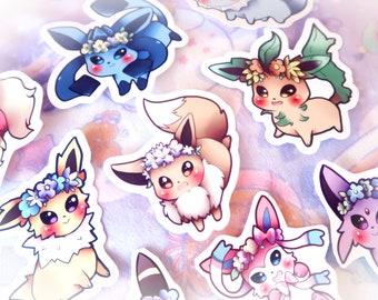 Pokemon Eeveelutions with Flower Crowns Stickers Kawaii Decals Laptop Water Resistant Stationary Vaporeon Umbreon Sylveon