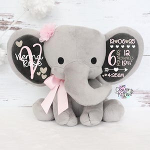May include: A gray plush elephant with a pink bow and flower. The elephant's ears have black accents with white text and hearts. One ear reads "Vienna Rose" and the other reads "12 pounds, 19 3/4 inches, 4:25 AM".