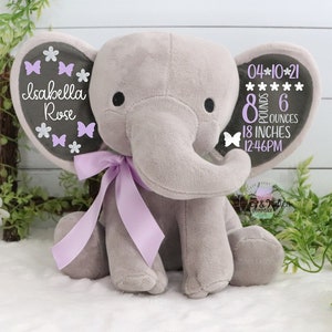 Girls Birth Stat Elephant, Personalized Elephant, Baby Girl Keepsake Gift, Baby Shower Gift, Elephant Plush, New Arrival, Birth Announcement