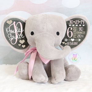 Girls Birth Stat Elephant, Personalized Elephant, Baby Girl Keepsake Gift, Baby Shower Gift, Elephant Plush, New Arrival, Birth Announcement