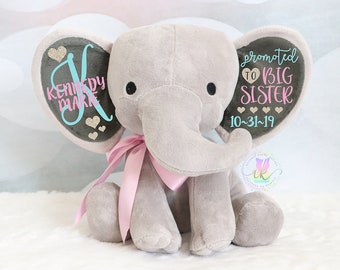 Personalized Elephant, Promoted to Big Sister, Big Sister Gift, New Sister Gift, Baby Girl Keepsake Gift, Elephant Plush, New Arrival Gift
