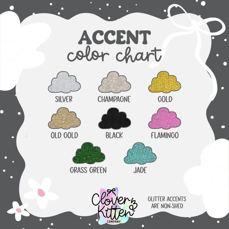 The image is a color chart that lists various glitter colors and their corresponding cloud shapes, providing a visual guide for choosing the right color for a glitter accent.