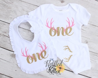 First Birthday Outfit - Deer Antlers Birthday - Glitter - First Birthday - Baby Outfit - Birthday Outfit - Pink and Gold - Antlers