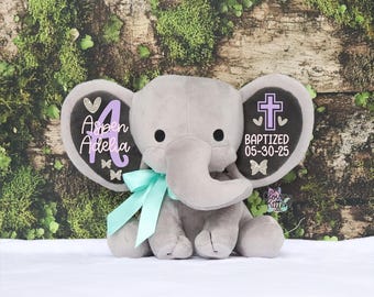 Baptism Gift, Girls Baptism Gift, Baptism Elephant Baby Girl Keepsake Gift, Elephant Plush, Christening Gift, Confirmation Gift, New Arrival