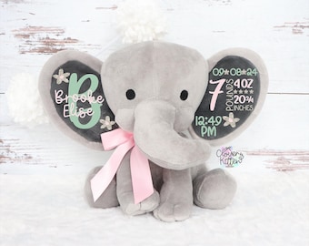 Girls Birth Stat Elephant, Personalized Elephant, Baby Girl Keepsake Gift, Baby Shower Gift, Elephant Plush, New Arrival, Birth Announcement