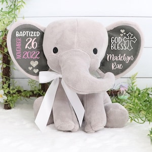Baptism Gift, Girls Baptism Gift, Baptism Elephant Baby Girl Keepsake Gift, Elephant Plush, Christening Gift, Confirmation Gift, New Arrival image 1