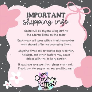 text that provides shipping information for orders. It states that orders will be shipped using UPS to the address listed on the order, and each order will come with a tracking number once shipped after processing times. The shipping times are estimated only based on weather, holidays, and other factors, and delays may occur with the delivery carrier. The image also includes a company logo and a message to reach out if there are any questions.