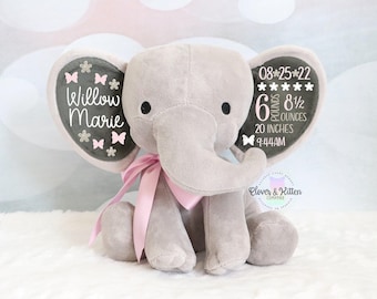 Girls Birth Stat Elephant, Personalized Elephant, Baby Girl Keepsake Gift, Baby Shower Gift, Elephant Plush, New Arrival, Birth Announcement