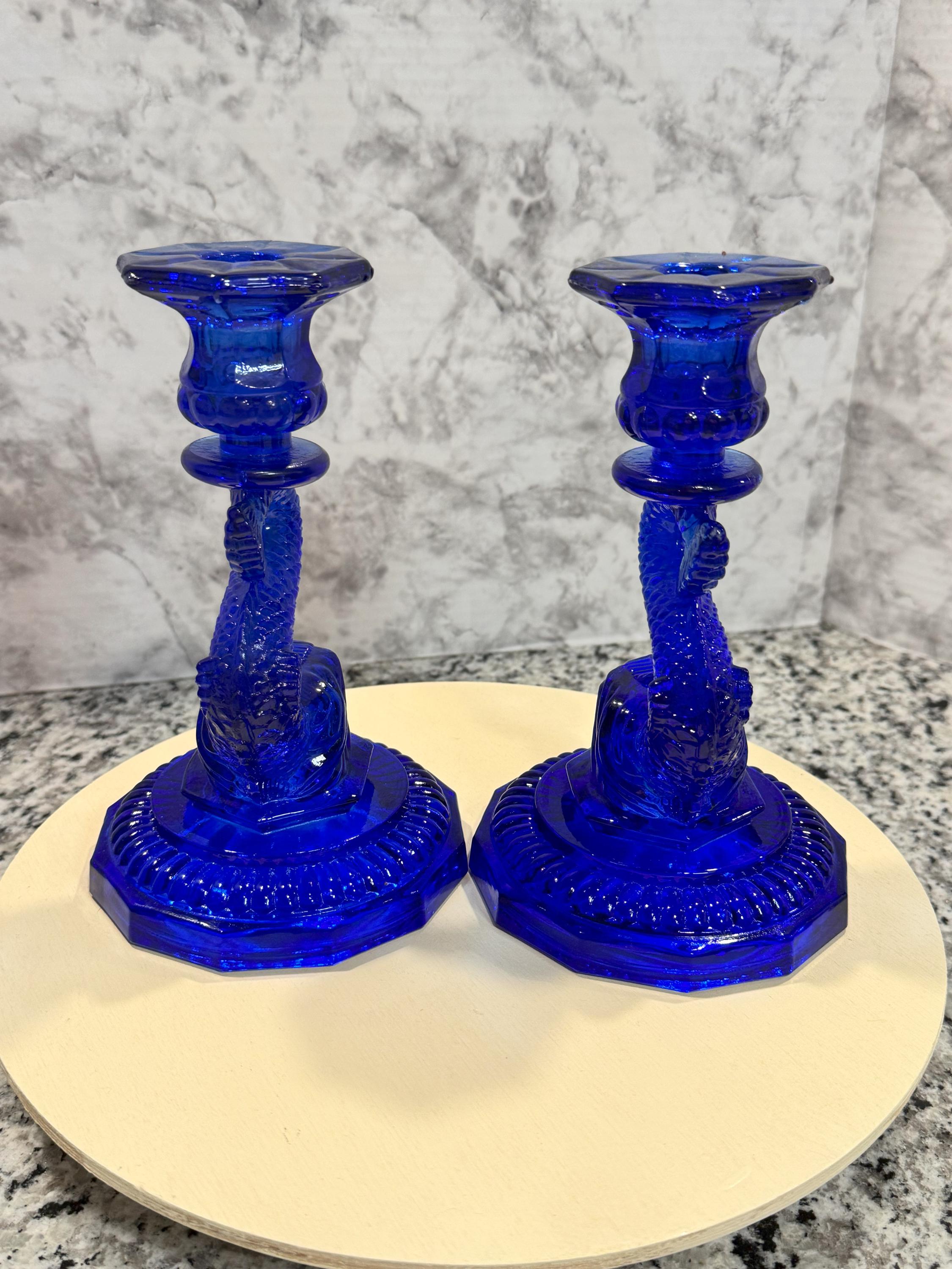 Mossier Cobalt Blue Glass Koi Dragon Candle Holder Set of 2 Rare