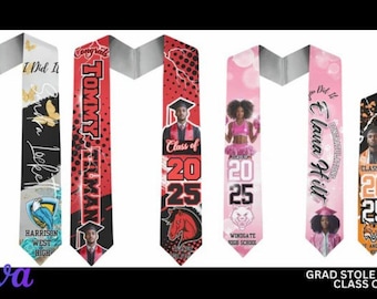 May include: Six graduation stoles with different designs and names. The stoles are black, pink, red, and orange with white text. The text includes the names "Tommy Tillman", "Elana Hilt", and "Ace Sanders". The stoles also include the text "Class of 2025".