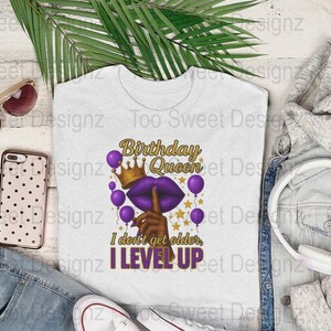 Birthday Queen T-Shirt Level Up Funny Quote Purple Balloon Graphic Tee Gift