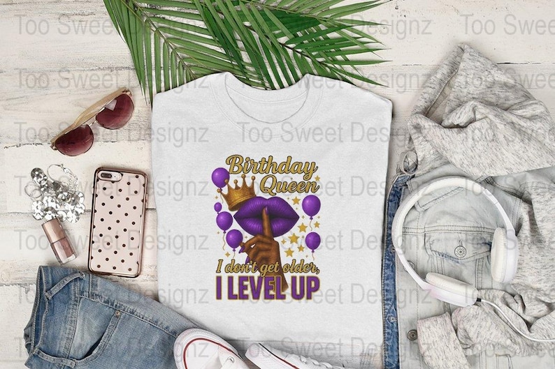 Birthday Queen T-Shirt Level Up Funny Quote Purple Balloon Graphic Tee Gift