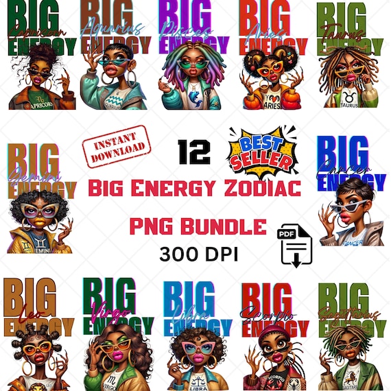 Zodiac PNG Bundle, Big Energy Cancer, Leo, Virgo png, Horoscope png, Birthday, Sublimation Design, DTF Design, T-Shirt png, Digital Download