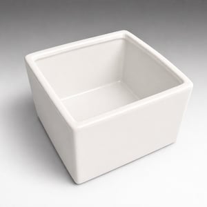 May include: A square, white ceramic bowl with a slightly flared design. The bowl has a smooth, glossy finish and is empty. The interior and exterior are the same color. The bowl is suitable for serving or display.