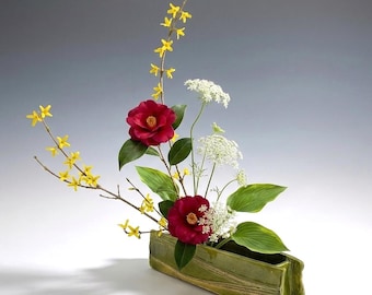 Puede incluir: Un arreglo floral con vibrantes camelias rojas, ramas de forsythia amarillas y delicada flor de la reina Ana blanca. Las flores están dispuestas en un jarrón rectangular de cerámica verde, creando una composición equilibrada. Fondo neutro.