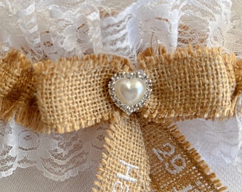 Rustic burlap bridal garter ,Customized name and date wedding gift , Personalized country wedding garter ,Custom wedding accessory