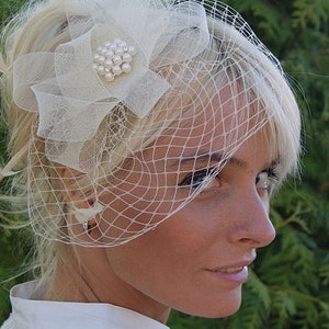 White Birdcage Veil with Diamante & Feather Fascinator