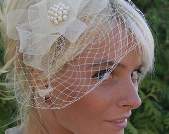 Simple White  Birdcage Veil , Fascinator attached to a comb ,Short  Veil  ,50's Style Face Veil